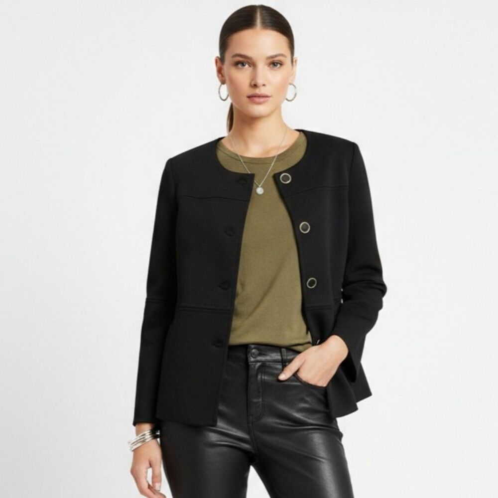 Kasper Black Grommet Snap Close Long Sleeve Collarless Blazer Jacket NEW 6